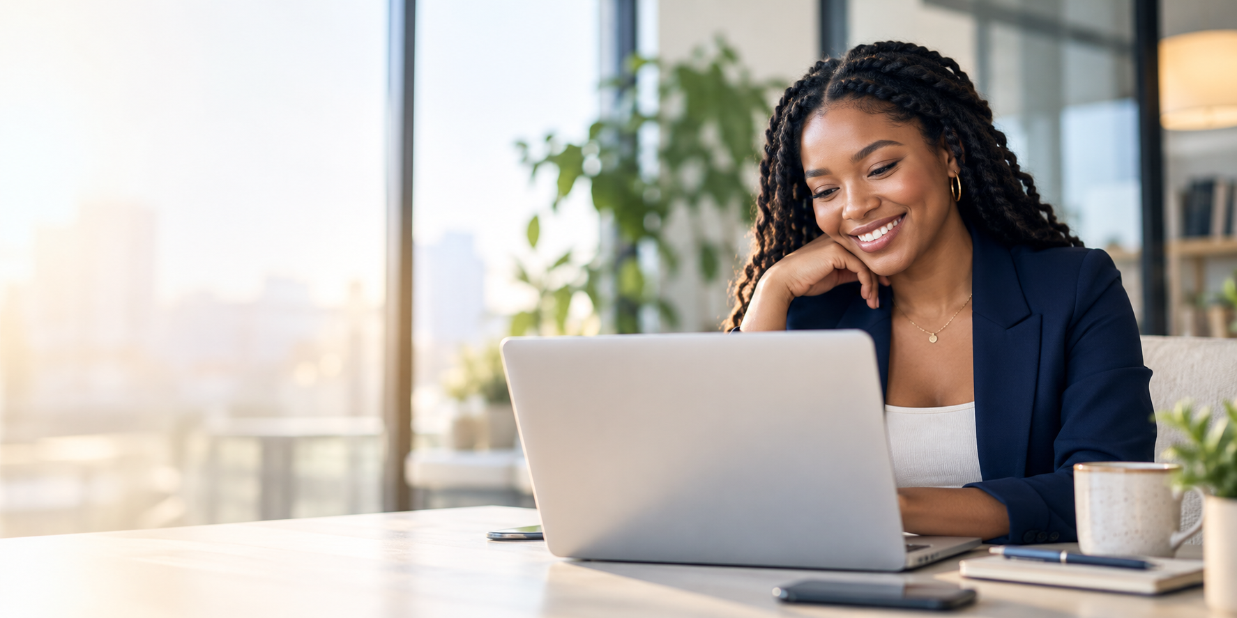 Smiling professional woman reviewing an opportunity on her laptop